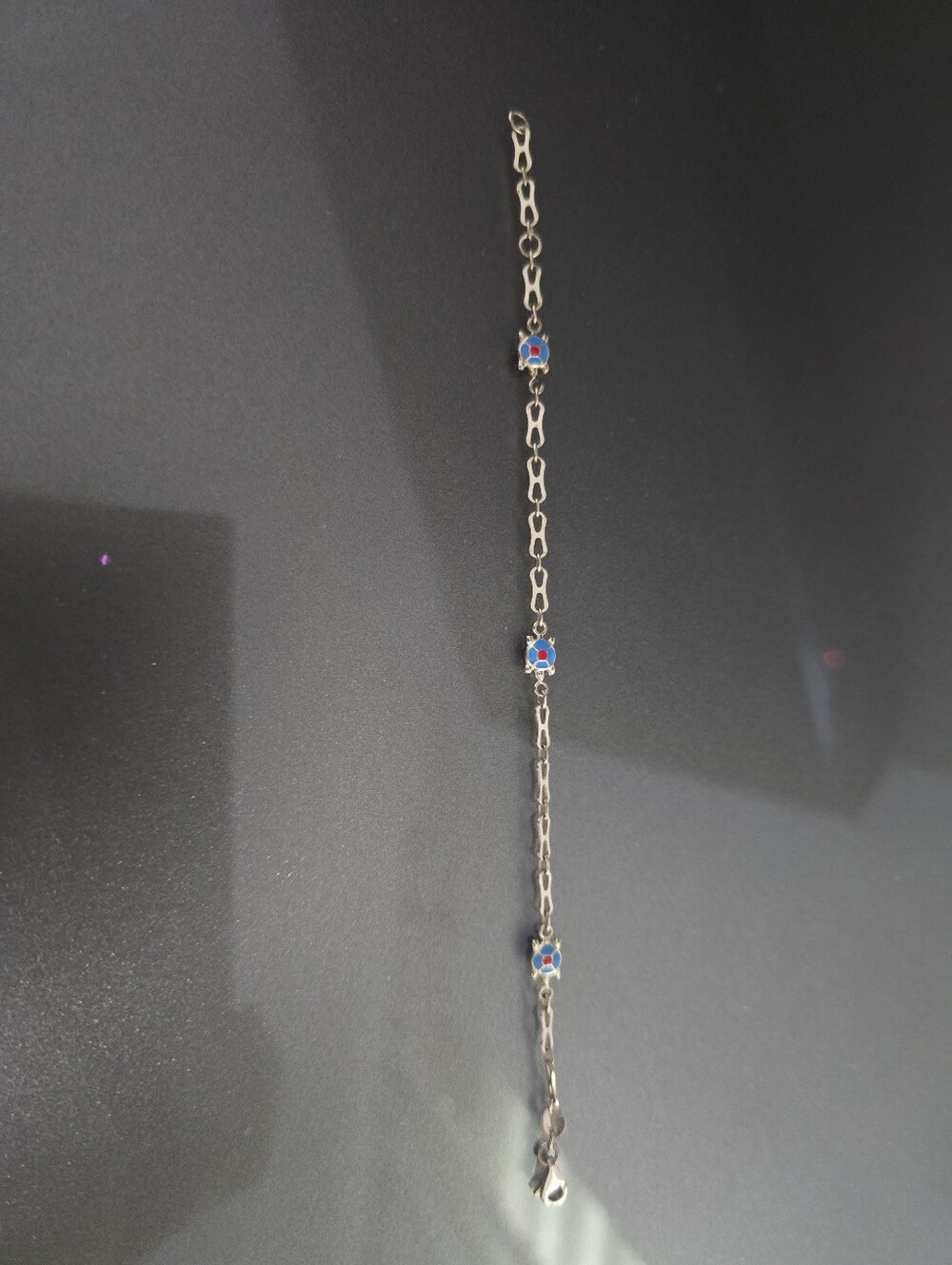 14 K Gold Link Bracelet with Blue and Red Flower Charm - Picture 4 of 12